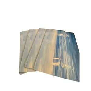 Set of 4, Rock Flower Paper Hard Placemats Cork back water sailboat sea blue EUC